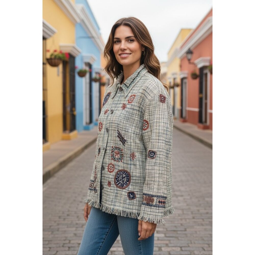 CHICO'S Womens Size 1 Green Multicolored Bohemian Embroidery Short Green Jacket